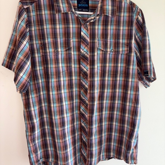 PrAna Snap Button Down Short Sleeve Shirt Madras Brown Blue Plaid Men’s Medium - Picture 8 of 9
